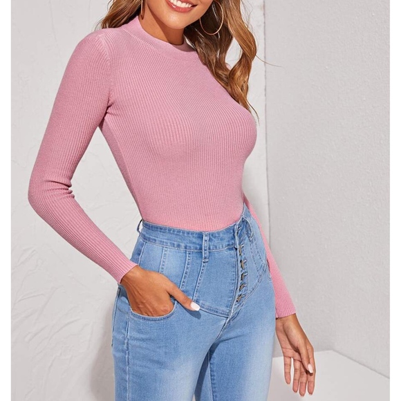 Pink Round Neck Long Sleeve Ribbed Light Sweater - Picture 5 of 6